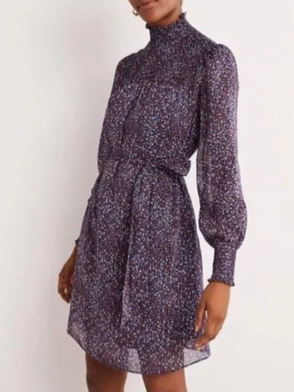 BODEN navy red smocked yoke floral mock neck LS belted metallic dress sz 6